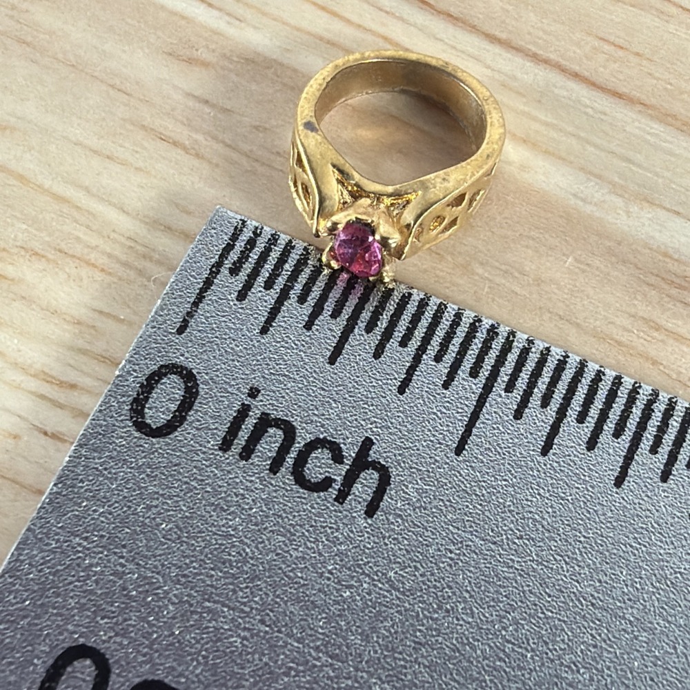 Vintage Avon Pink Birthstone Ring Charm Pendant Gold Tone Glass 0.5"